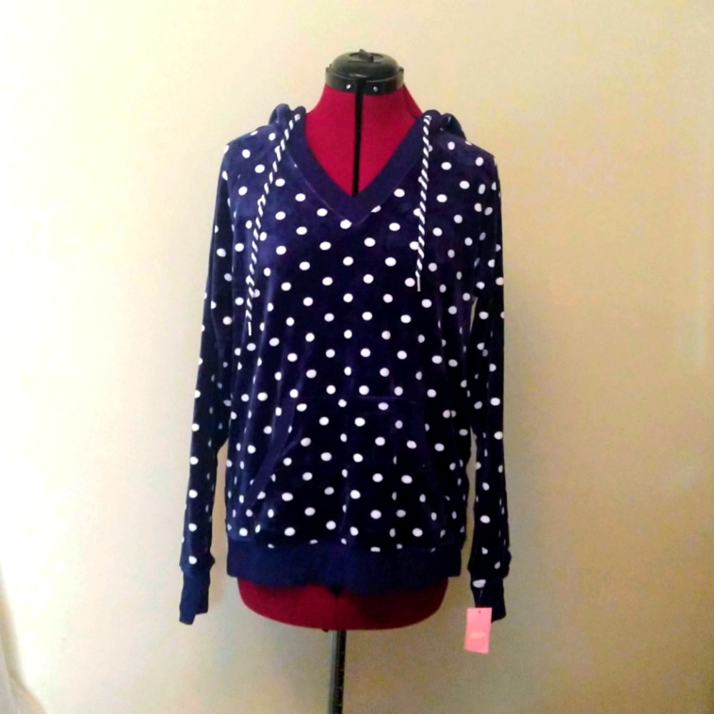 Jenni Womens Sleepwear Hoodie Pajama Top Navy Dots Size Large Velour V N…
